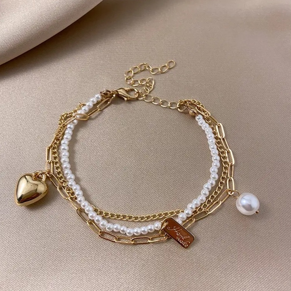 Multi Layer Pearl Heart Link Chain Bracelet NEW